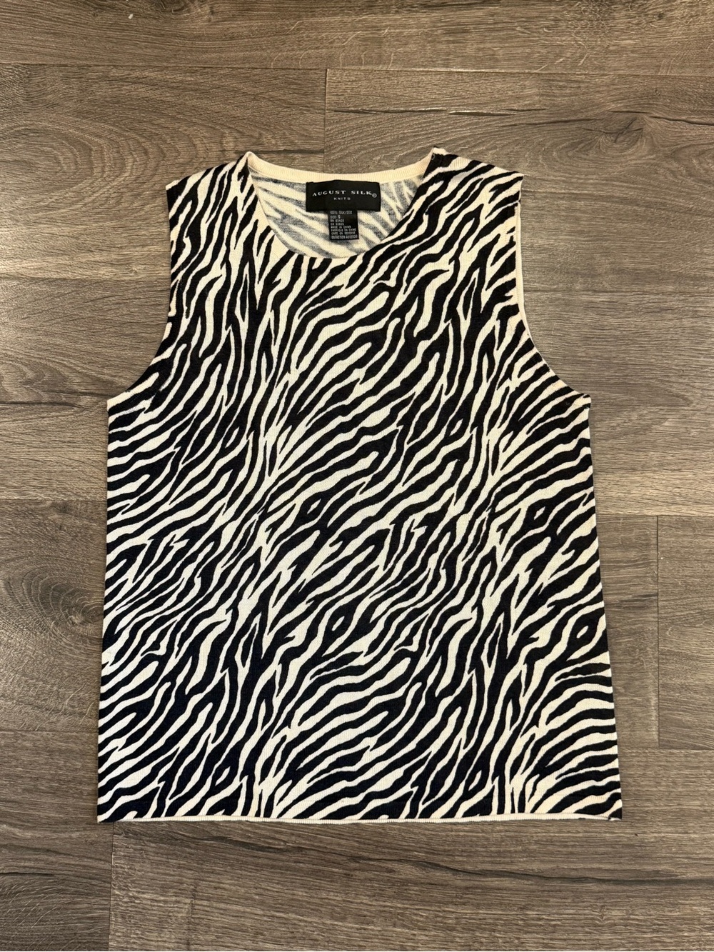 august silk 100% Silk Black and White Cream Zebra Print Tank Top